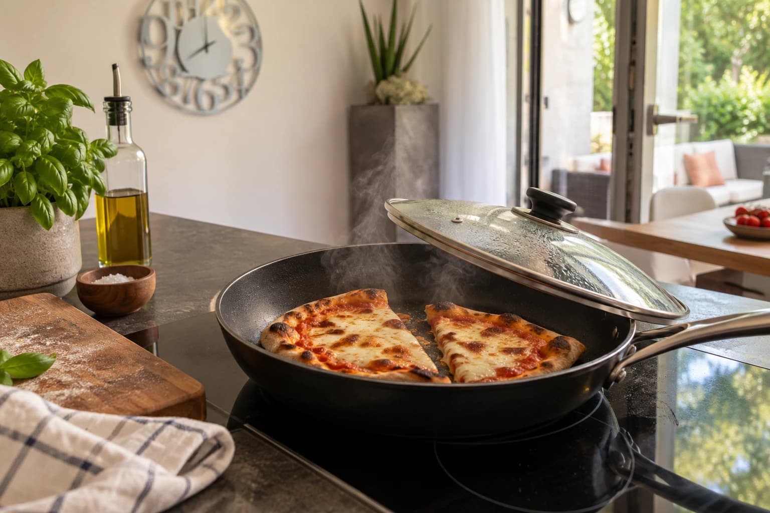 Pizzastücke werden in einer Pfanne aufgewärmt – KI-generiertes Themenbild