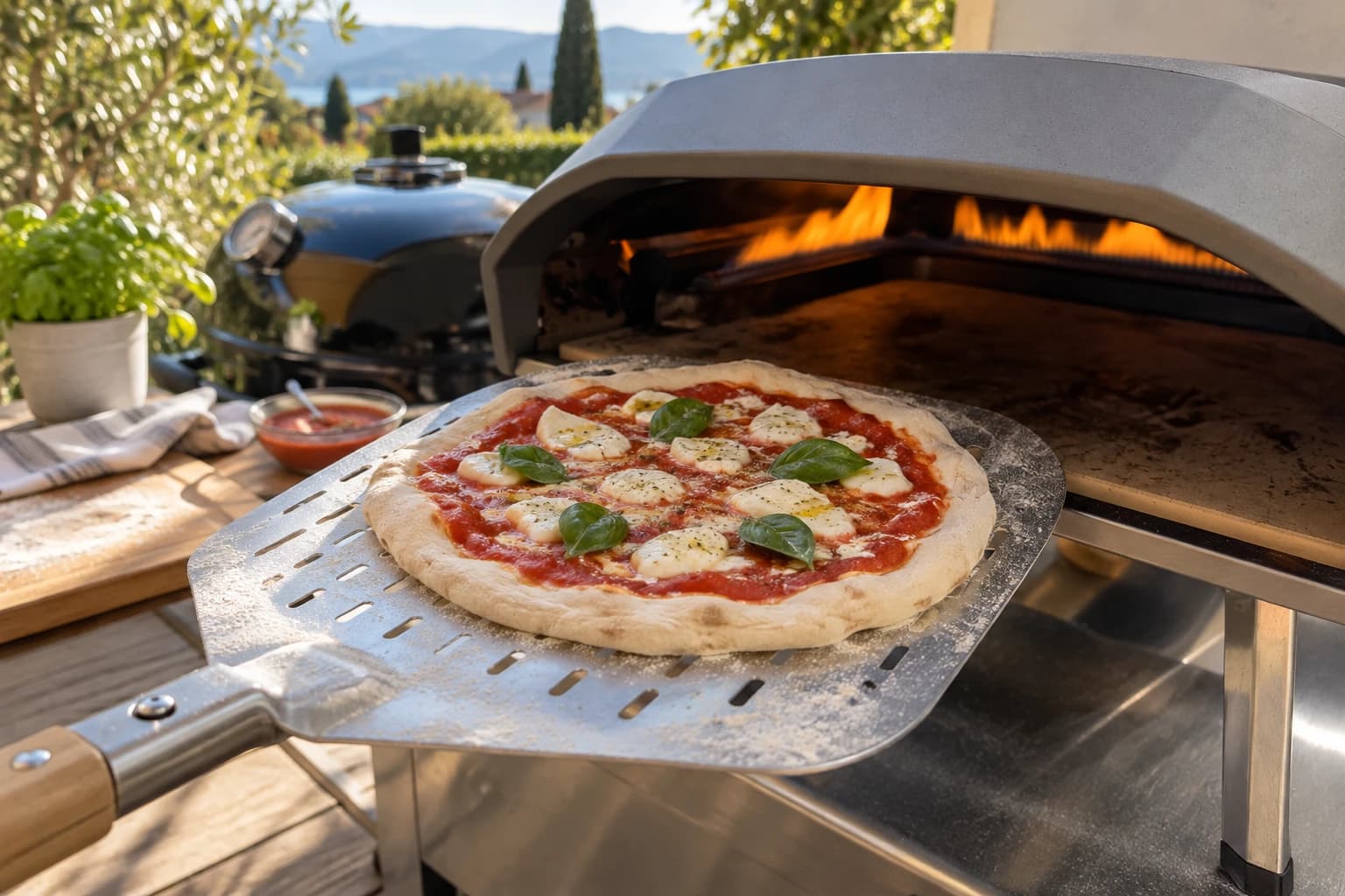 Pizza auf einer Schaufel vor dem Gartenofen – KI-generiertes Themenbild