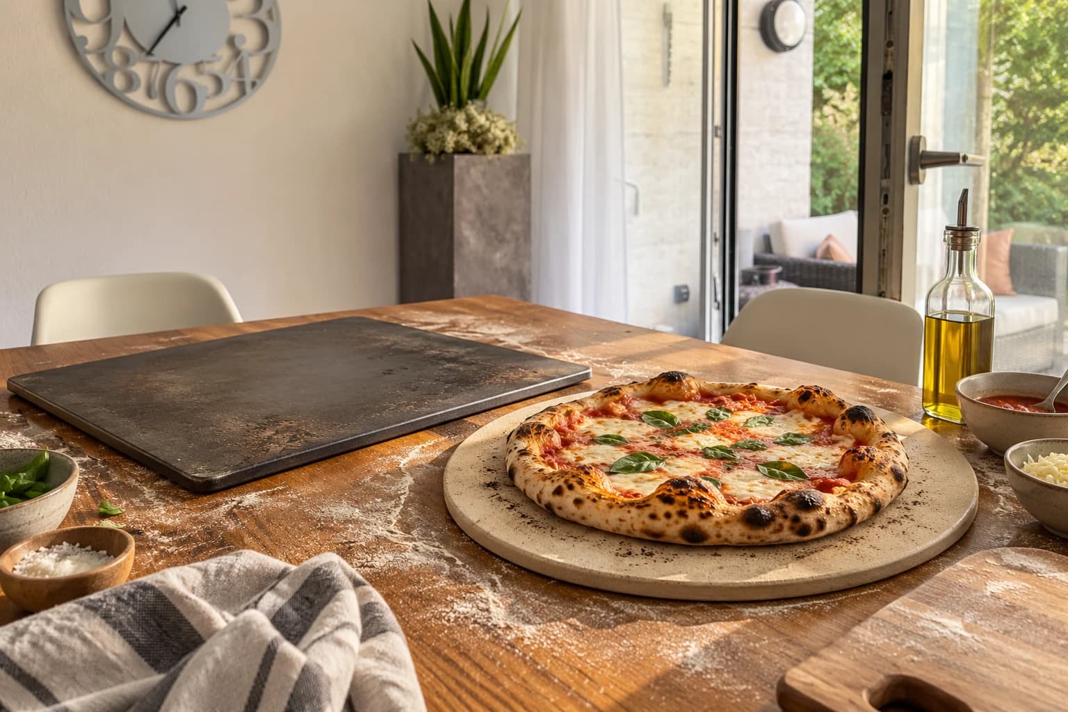 Pizzastein und Pizzastahl auf dem Küchentisch – KI-generiertes Themenbild