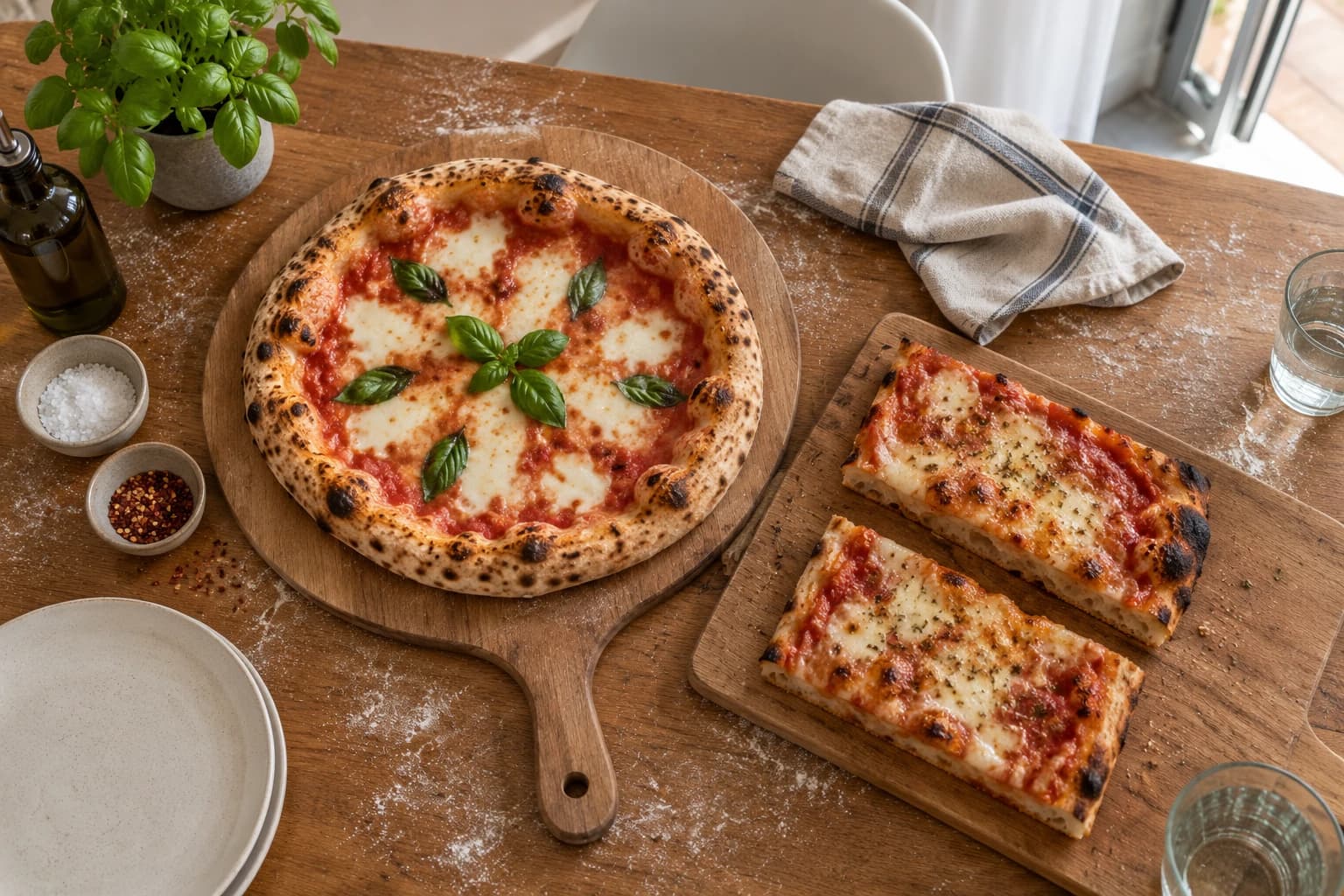 Runde Pizza und rechteckige Blechpizza im Vergleich – KI-generiertes Themenbild
