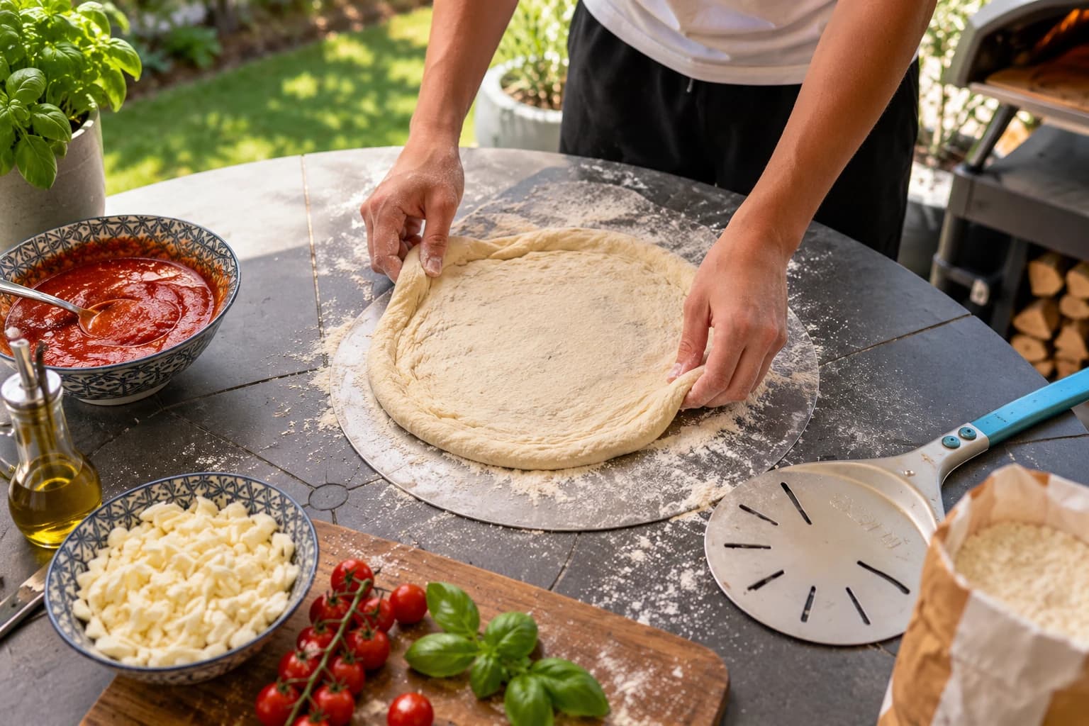 Hände formen einen Pizzaboden mit erhöhtem Rand – KI-generiertes Themenbild