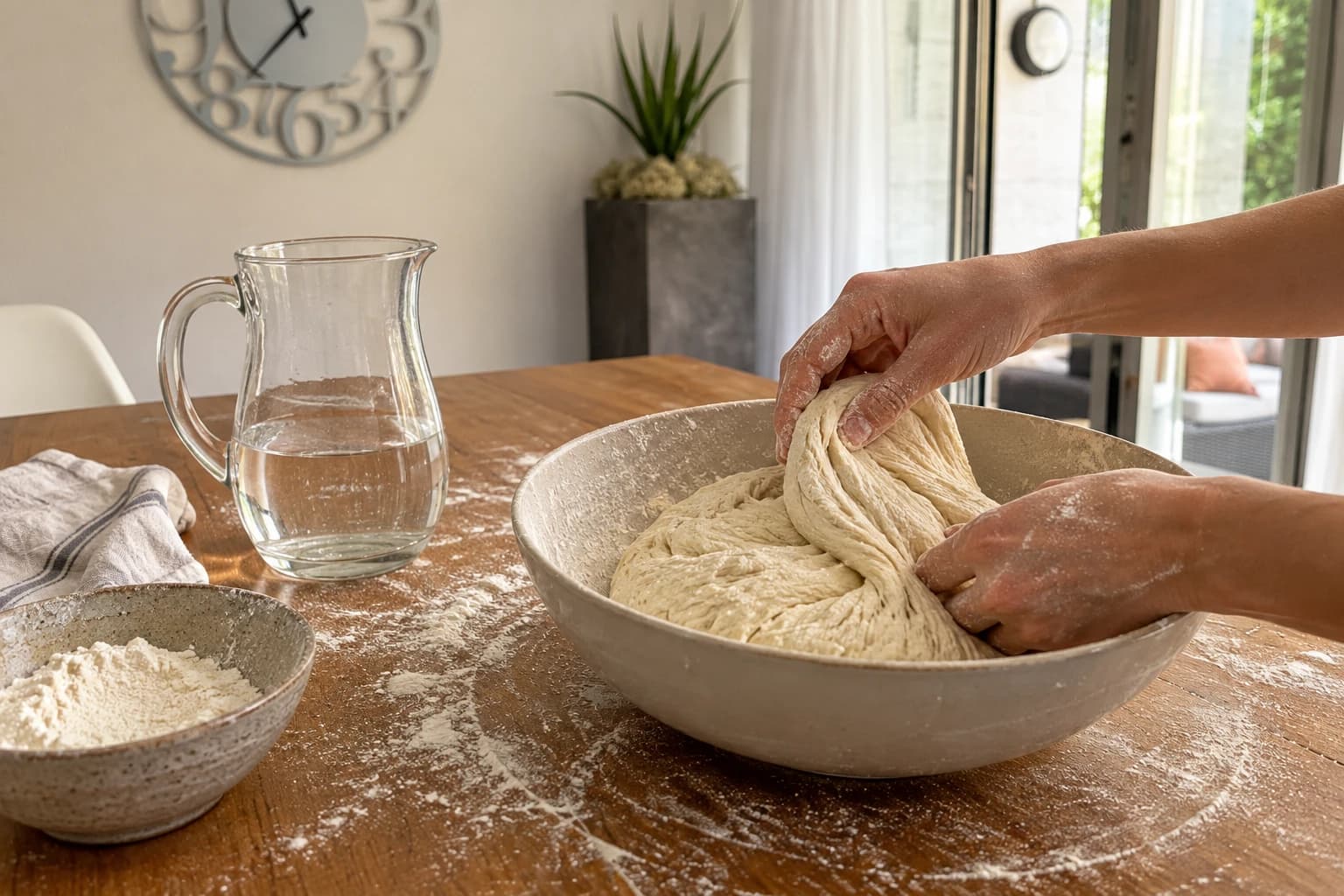 Weicher Pizzateig und Wasser beim Kneten – KI-generiertes Themenbild