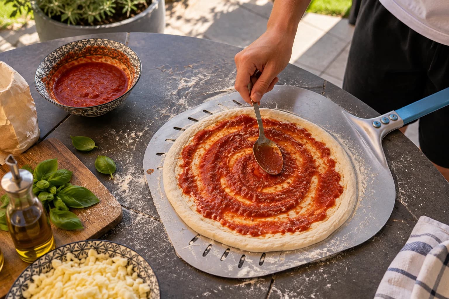 Tomatensauce wird auf einem Pizzaboden verteilt – KI-generiertes Themenbild