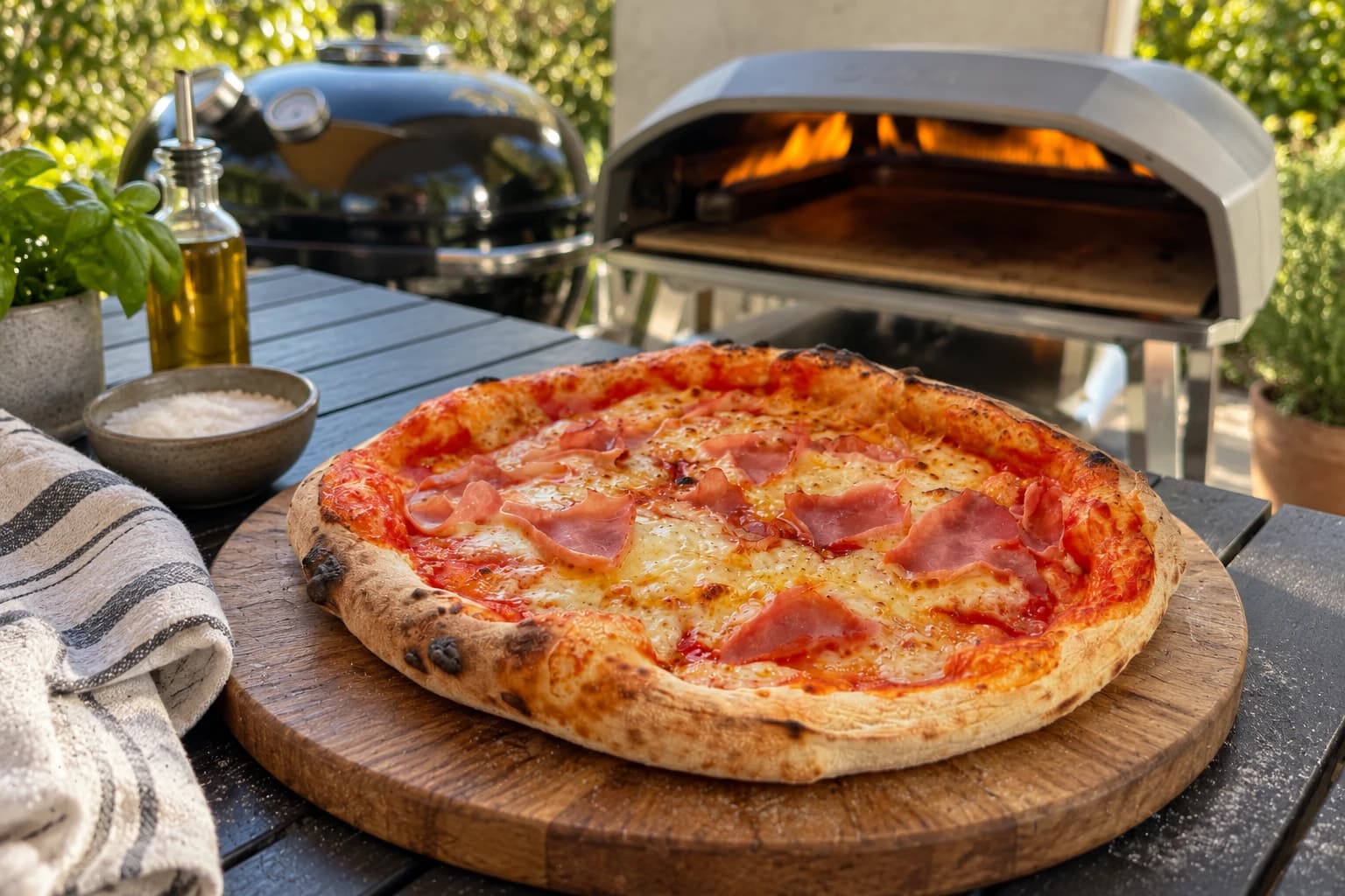 Frische Prosciutto-Pizza im Garten – KI-generiertes Themenbild